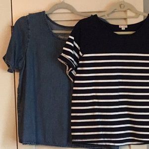 Two GAP Short Sleeve Tops - Denim Blue and Navy Blue/White Stripes